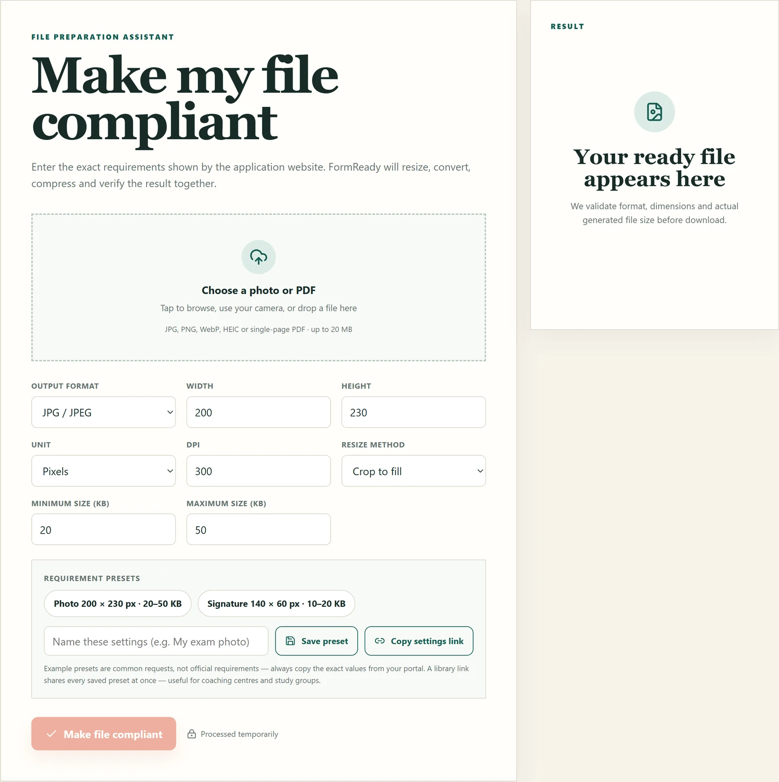 The Make my file compliant tool: upload box, fields for output format, width, height, unit, DPI, resize method and minimum and maximum size, saved presets, and the result panel on the right